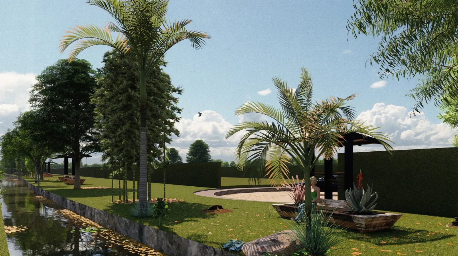 Render ilustrativo: jardín con pérgola en un lote de Altos de San José