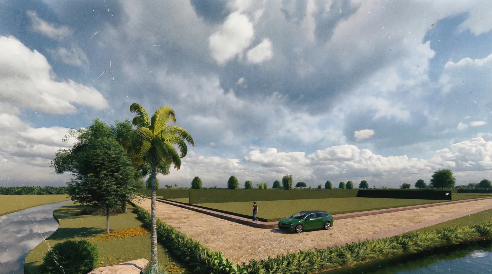 Render ilustrativo: lote cercado con acceso vehicular en Altos de San José