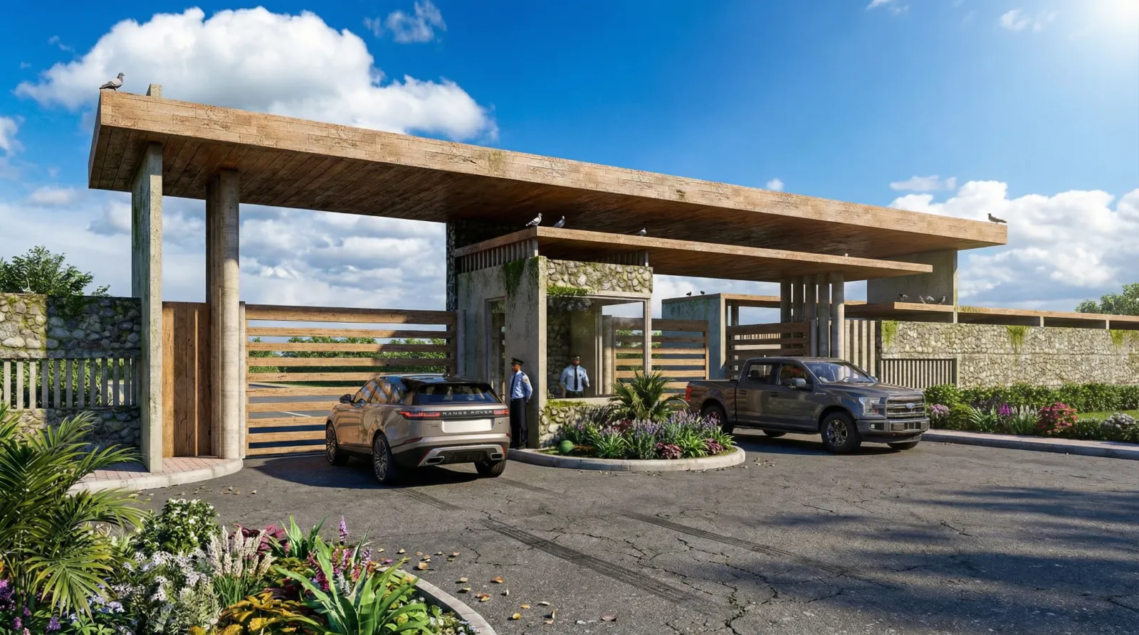 Render ilustrativo: portería de Altos de San José con vehículos