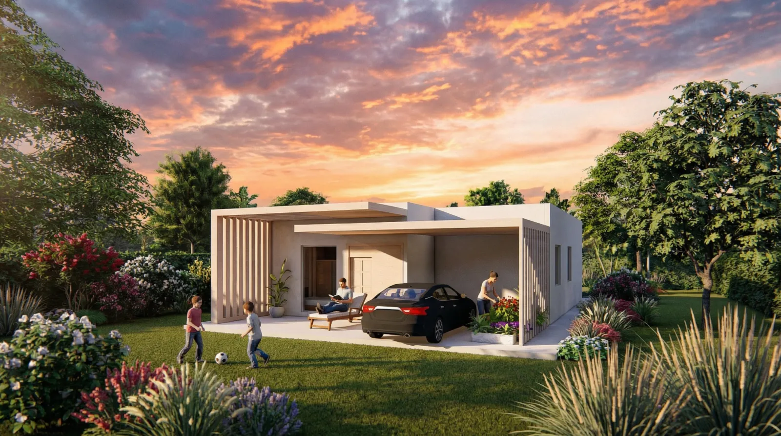 Render ilustrativo: casa campestre al atardecer en Altos de San José