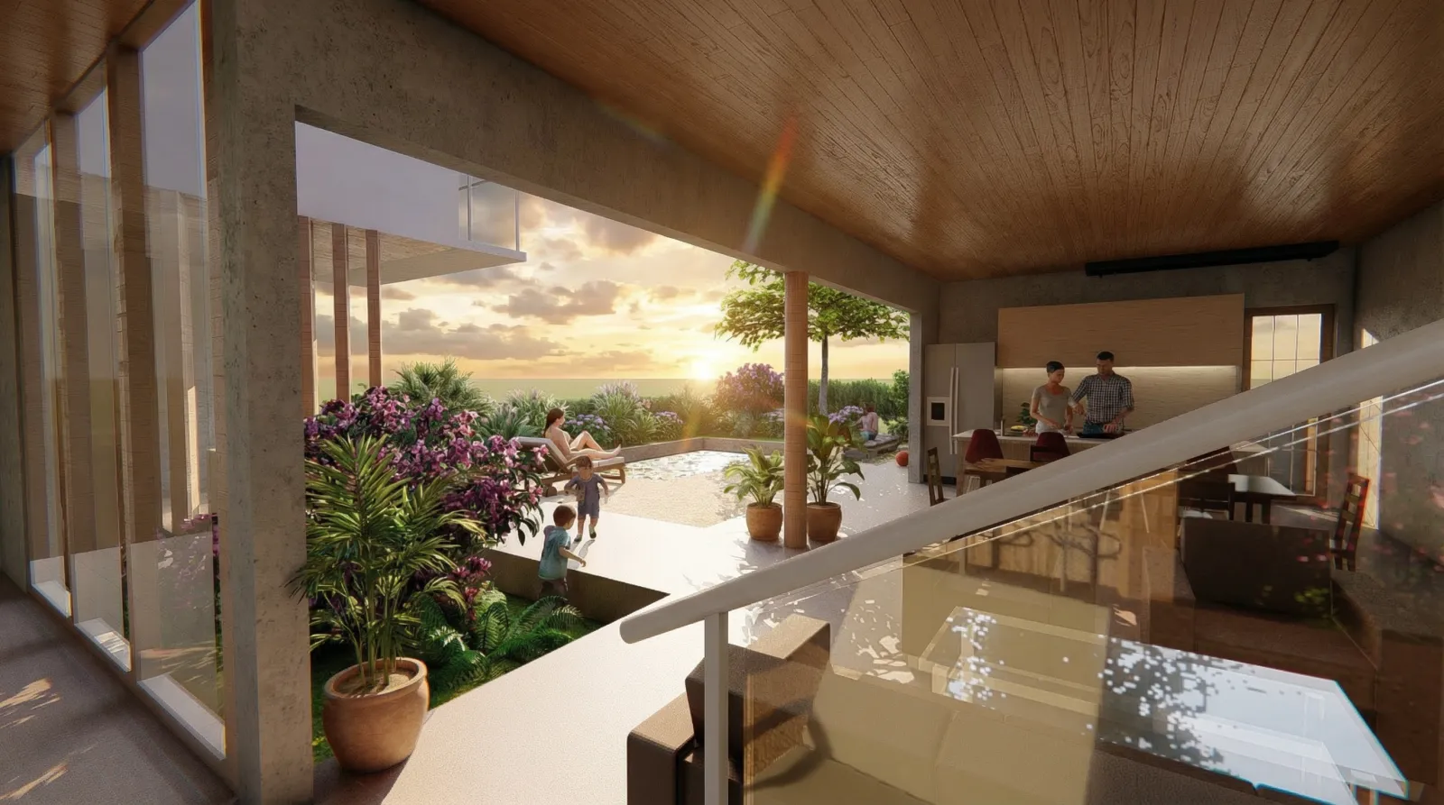 Render ilustrativo: interior de una casa campestre en Altos de San José